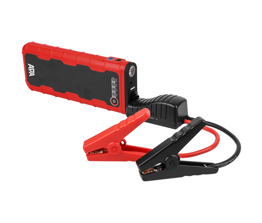 Rot-schwarzes APA-Lithium-Powerpack, 18.000 mAh, mit Kabeln.