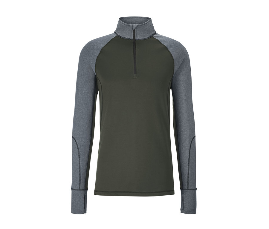 Olivfarbenes Thermo-Funktionsshirt mit grauen Ärmeln.
