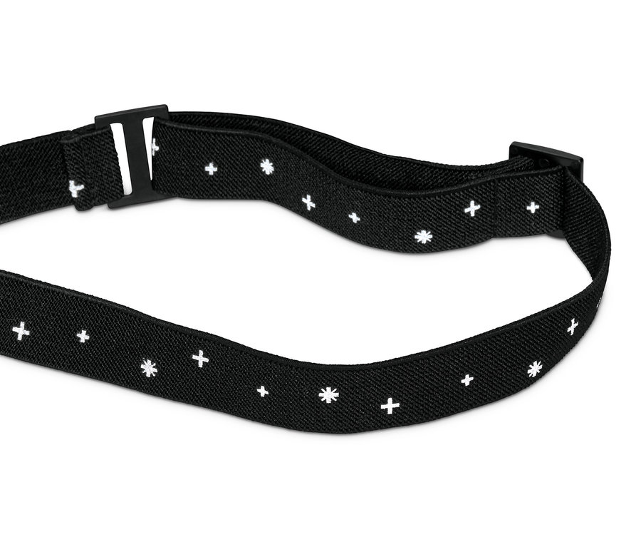 Schwarzes Band einer LED-Stirnlampe mit weißen Kreuzen und Sternchen.