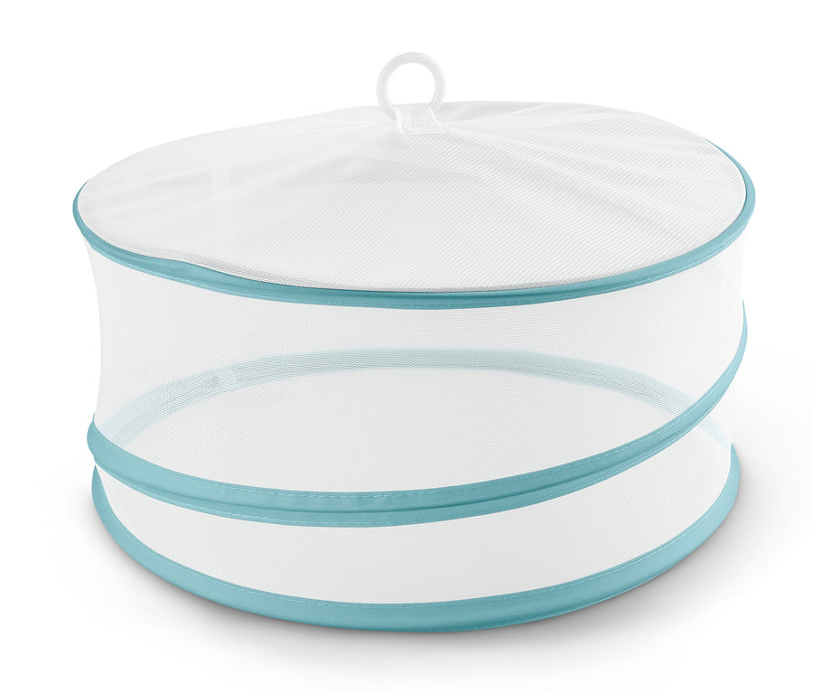 Faltbare Abdeckhaube mit weißem Netz und blauem Rand.