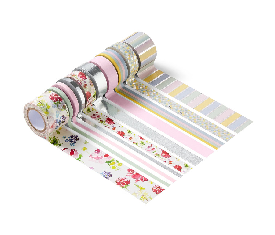 Zehn Deko-Klebebänder mit verschiedenen Mustern, darunter Blumen- und geometrische Motive.