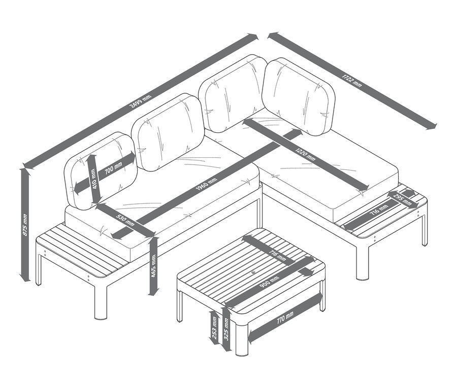 Zeichnung eines variablen Loungemöbel-Sets mit Abmessungen.