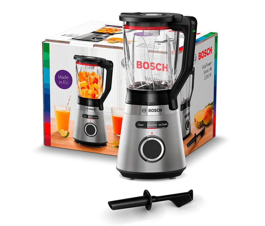 Bosch Standmixer »VitaPower MMB6382M« in Silber mit Behälter und Stopfer.