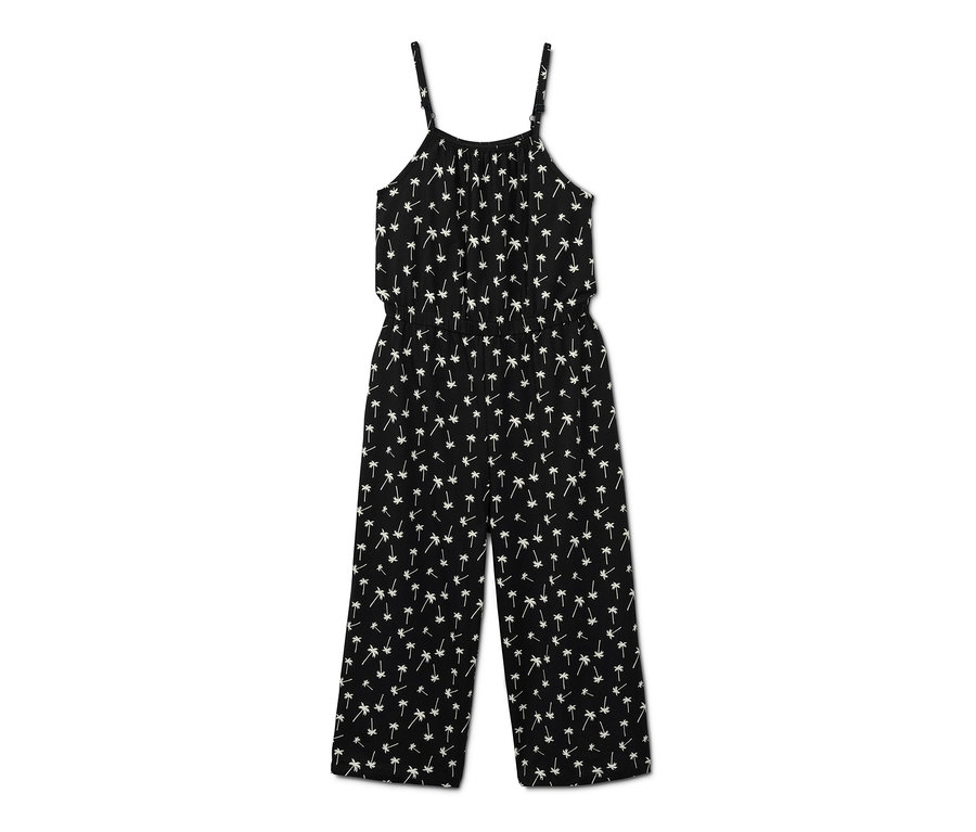 Schwarzer Jumpsuit mit Palmenprint.