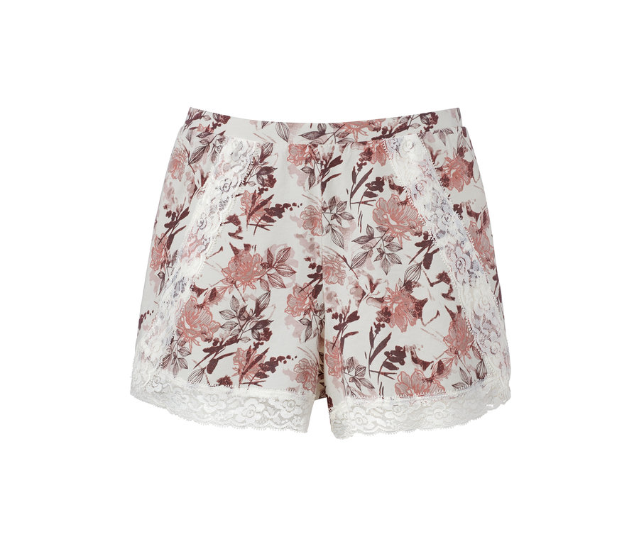 Shorty-Pyjama mit Blumenmuster und Spitze.