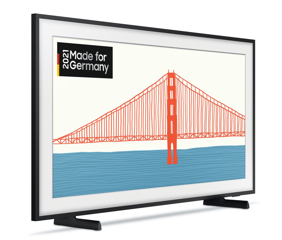Ein schwarzer Samsung 4K UHD Smart-TV »The Frame GQ-LS03AAUXZG«, 43" mit einer Abbildung der Golden Gate Bridge.
