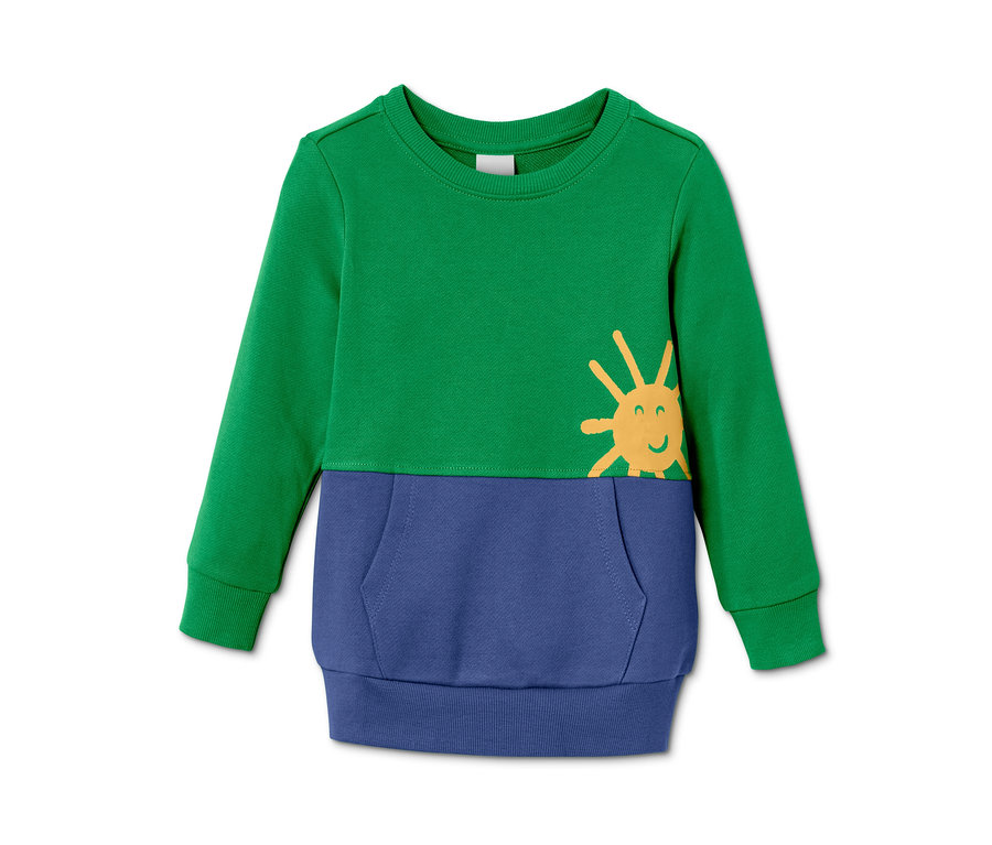 Grünes Sweatshirt aus Bio-Baumwolle mit blauer Tasche und gelber Sonne.