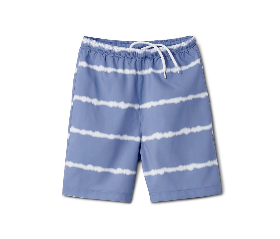 Blaue Badeshorts aus recyceltem Material mit weißen horizontalen Streifen.
