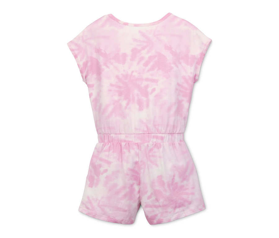 Rosa-weißer Jumpsuit aus Bio-Baumwolle mit Batikmuster.