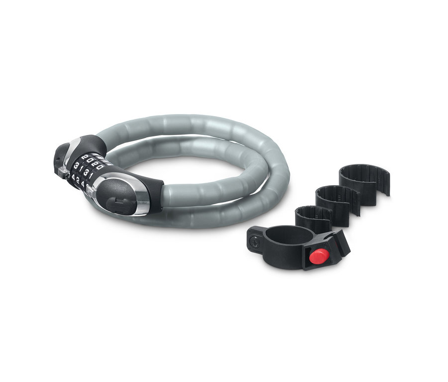 Ein graues LED-Panzerkabelschloss und eine Halterung.