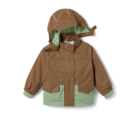 Braun-grüne Thermo-Regenjacke mit Kapuze.