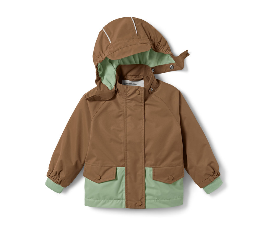 Braun-grüne Thermo-Regenjacke mit Kapuze.