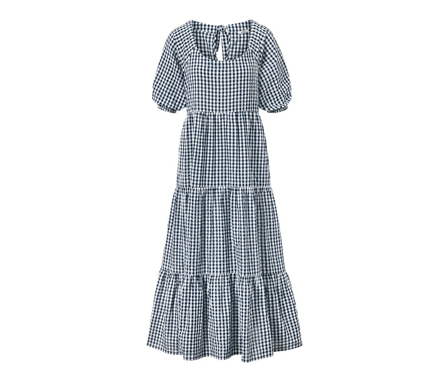 Kariertes Maxikleid mit kurzen Puffärmeln.