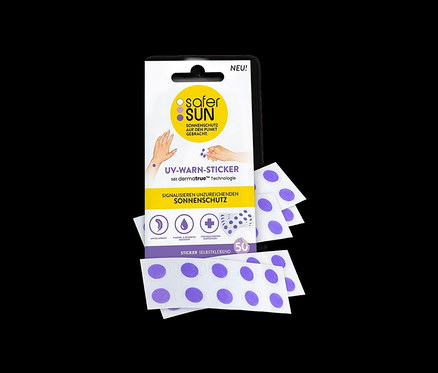 Packung mit 50 UV-Warnstickern. Die Sticker sind weiß mit lila Punkten.