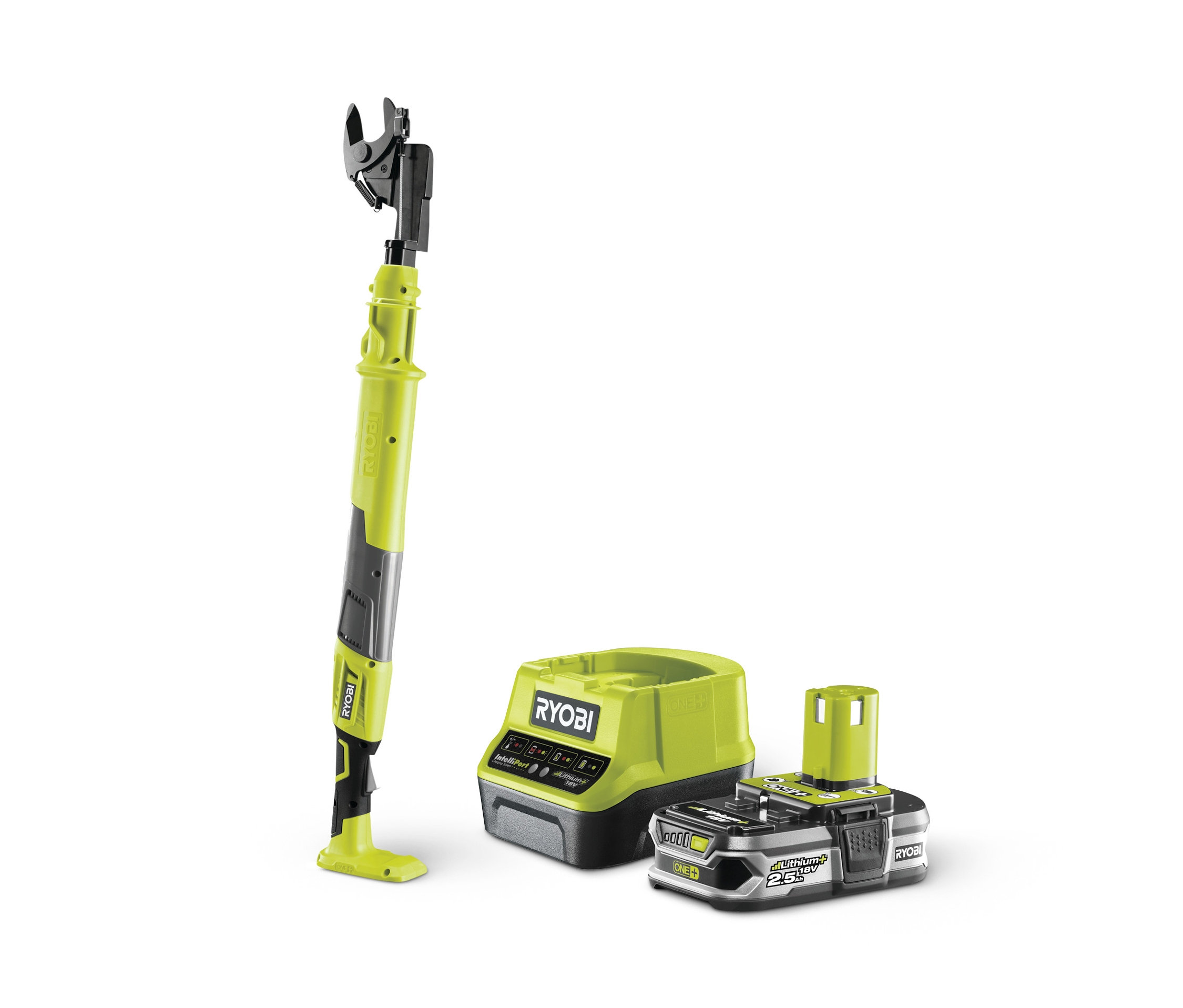 Ein gelb-schwarzes Ryobi 18 V Akku-Astscheren-Set auf einem weißen Hintergrund.