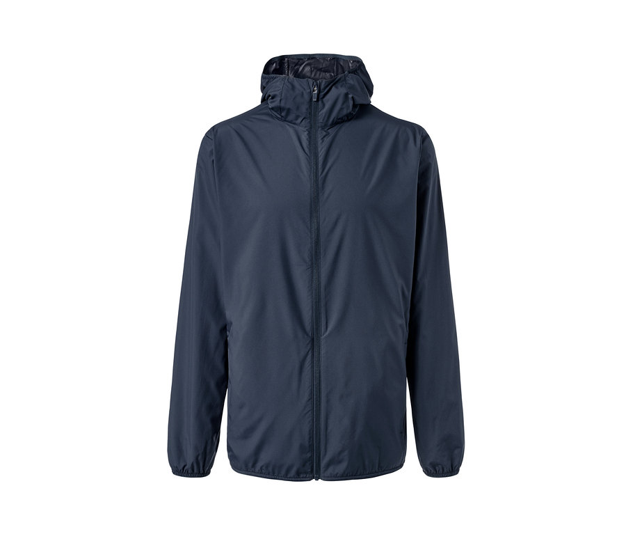 Marineblaue Lightweight-Funktionsjacke mit Reißverschluss und Kapuze.