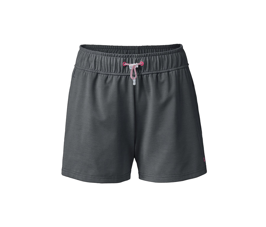 Graue Funktionsshorts mit pinkfarbenem Kordelzug.