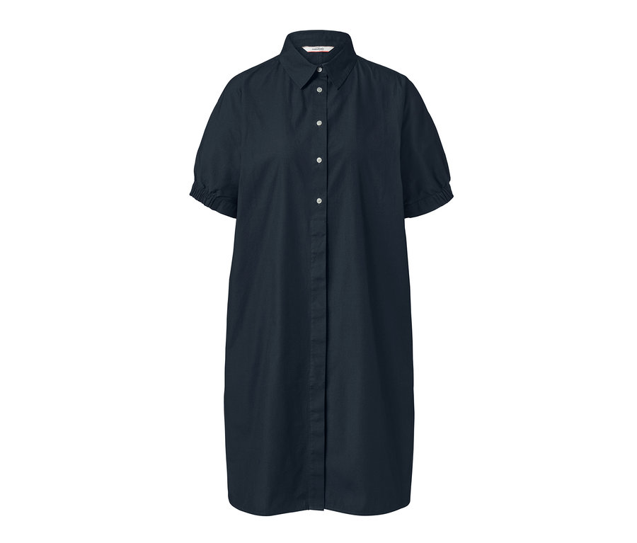 Ein marineblaues Oversized-Blusenkleid mit kurzen Ärmeln.