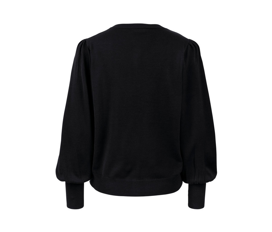 Detailansicht der Rückseite einer schwarzen Feinstrickjacke mit Puffärmeln.