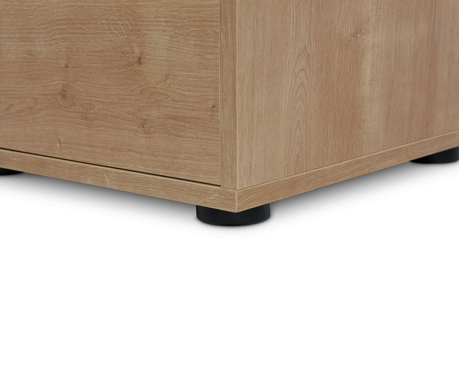 Detailansicht einer Ecke des Regalmoduls »Flemming« in Eichendekor.