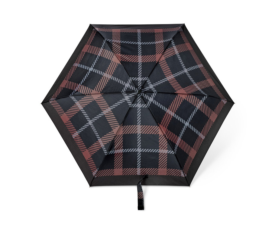 Taschenschirm mit Karomuster in Braun, Schwarz und Grau.
