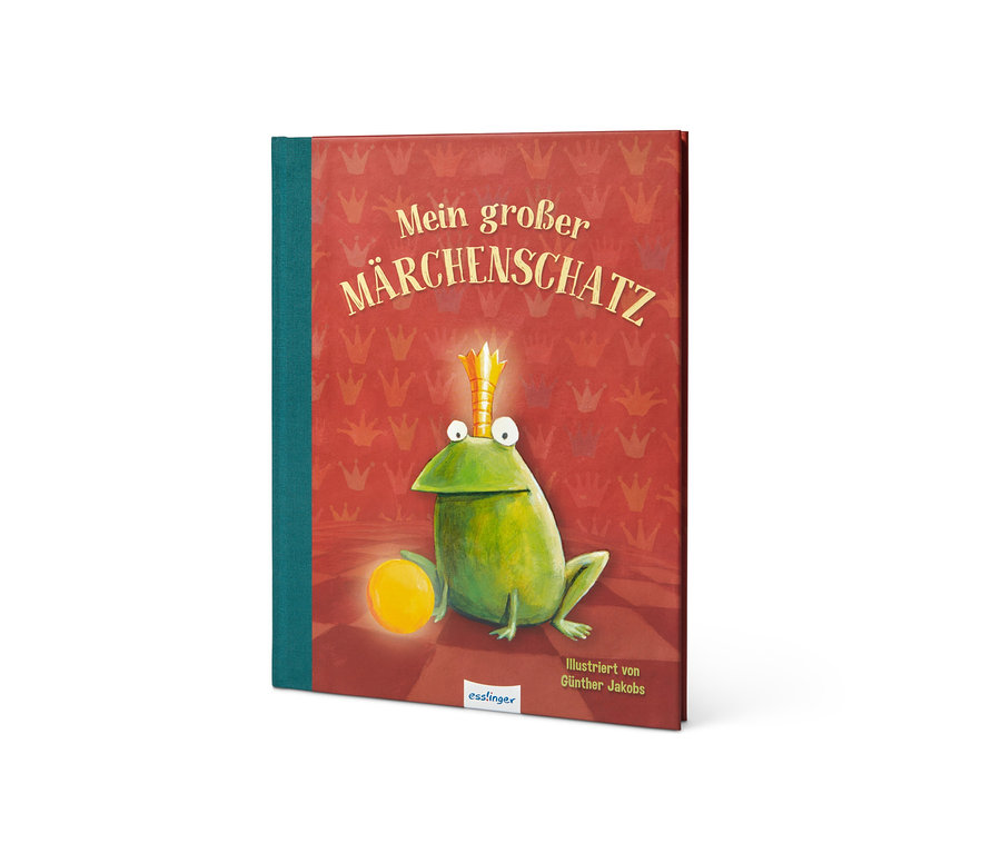 Illustration des Buchs »Mein großer Märchenschatz« mit einem Frosch mit Krone, der eine leuchtende Kugel hält.