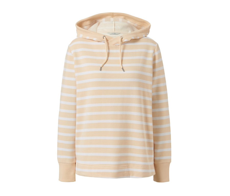 Detailaufnahme eines cremefarben-weiß gestreiften Kapuzensweatshirts.
