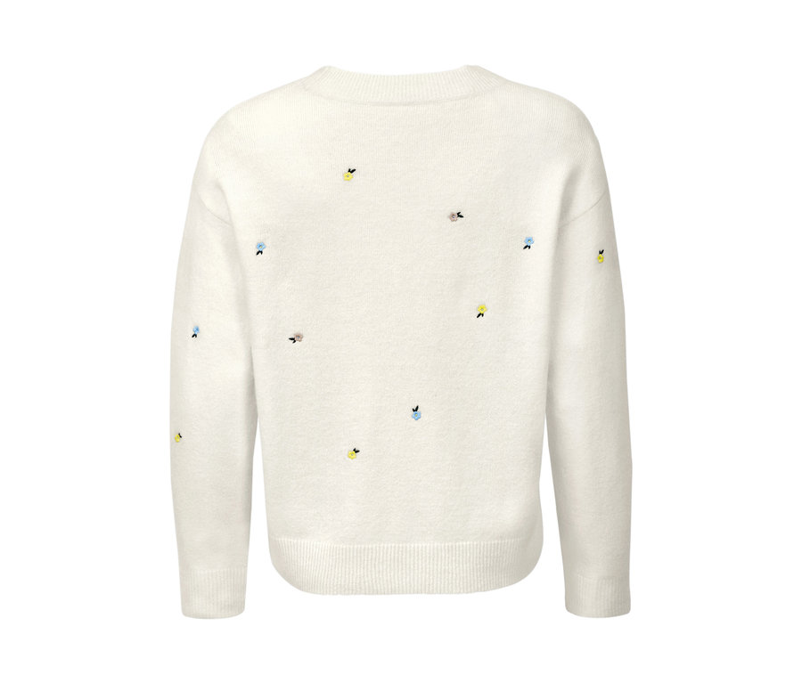 Rückansicht des bestickten Strickpullovers.