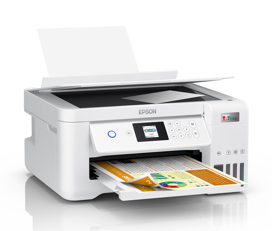 Weißer Epson EcoTank ET-2856 Multifunktionsdrucker mit ausgedrucktem Diagramm.