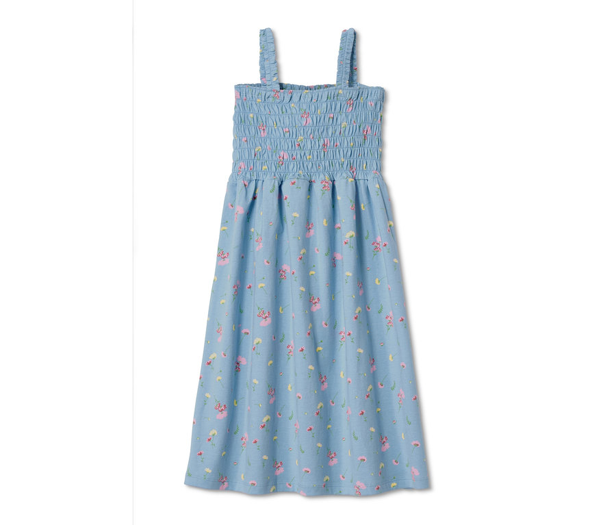 Blaues Trägerkleid aus Bio-Baumwolle mit Blumenmuster.