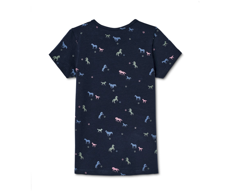 Dunkelblaues Shirt mit Pferde- und Hufeisenmuster.