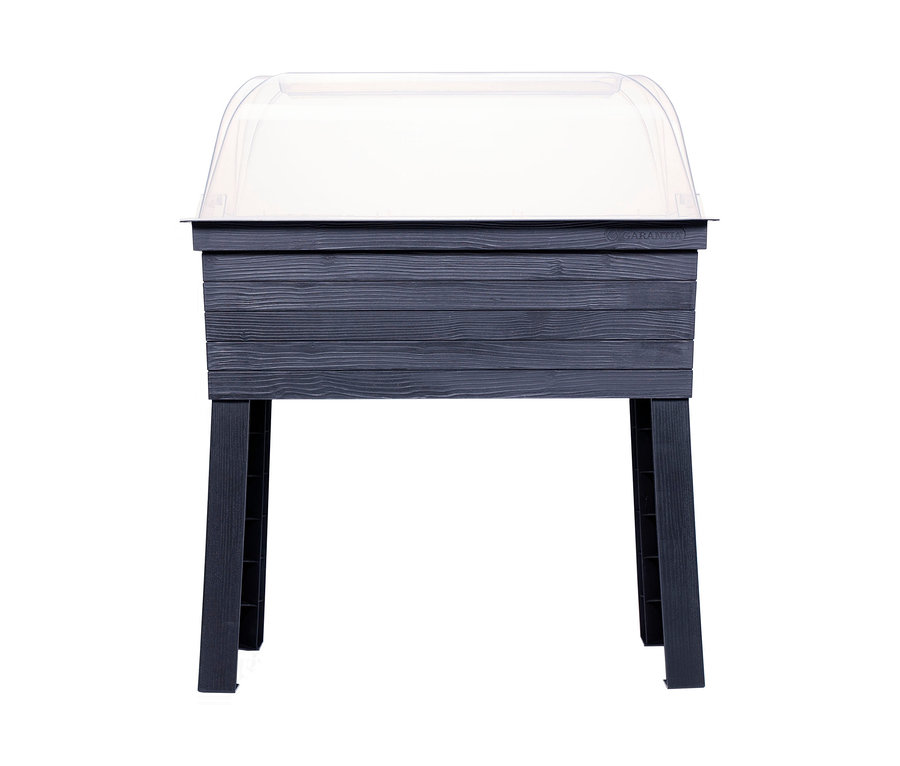 Dunkelgraues Garantia Urban Balkon-Hochbeet-Set mit durchsichtiger Abdeckung.