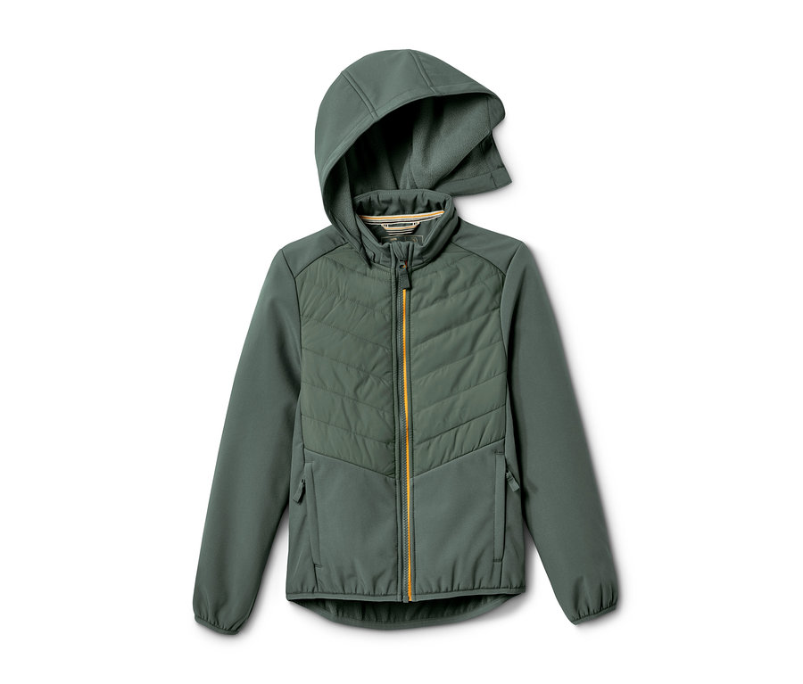 Grüne Hybridjacke mit Kapuze und gelbem Reißverschluss.