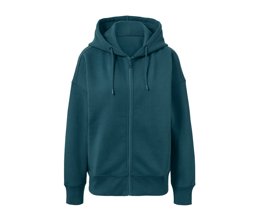 Dunkelsmaragdgrüne Sweatjacke mit Reißverschluss und Kapuze.