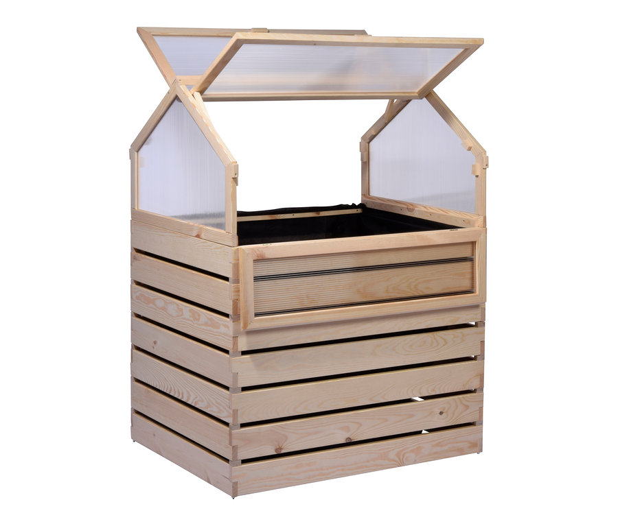 Hochbeet »Hathi« mit offenem, durchsichtigem Deckel.