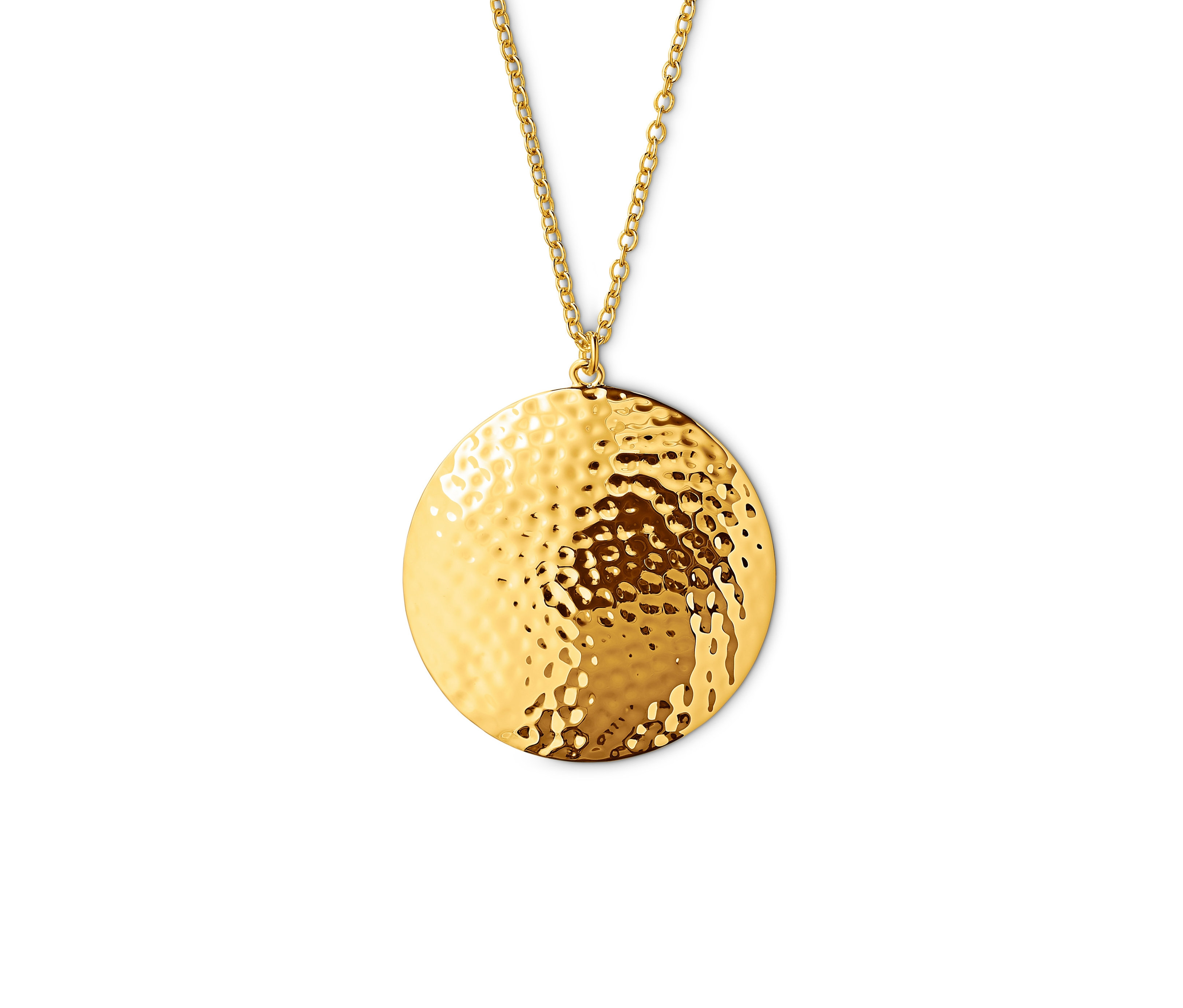 Goldene, lange Kette mit rundem Anhänger.