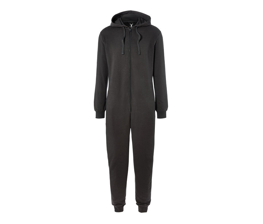 Ganzkörperansicht des Loungewear-Overalls mit Kapuze und Reißverschluss.