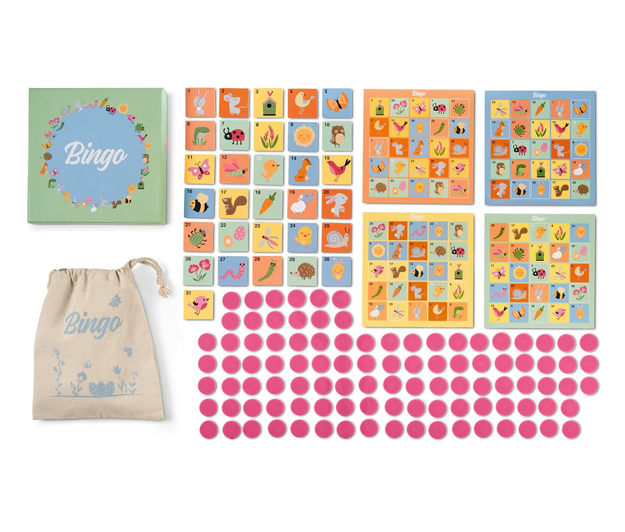 Abbildung zeigt ein »Osterbingo« Brettspiel-Set mit Spielkarten, Chips und einem Beutel.