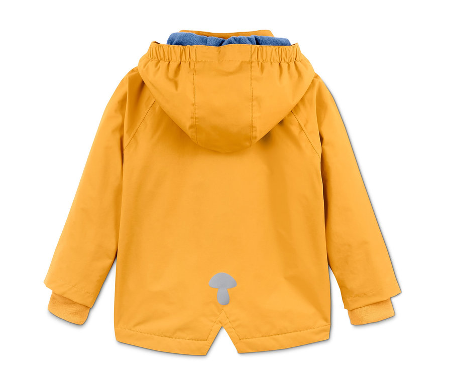 Gelbe Thermo-Regenjacke mit asymmetrischem Reißverschluss von hinten.