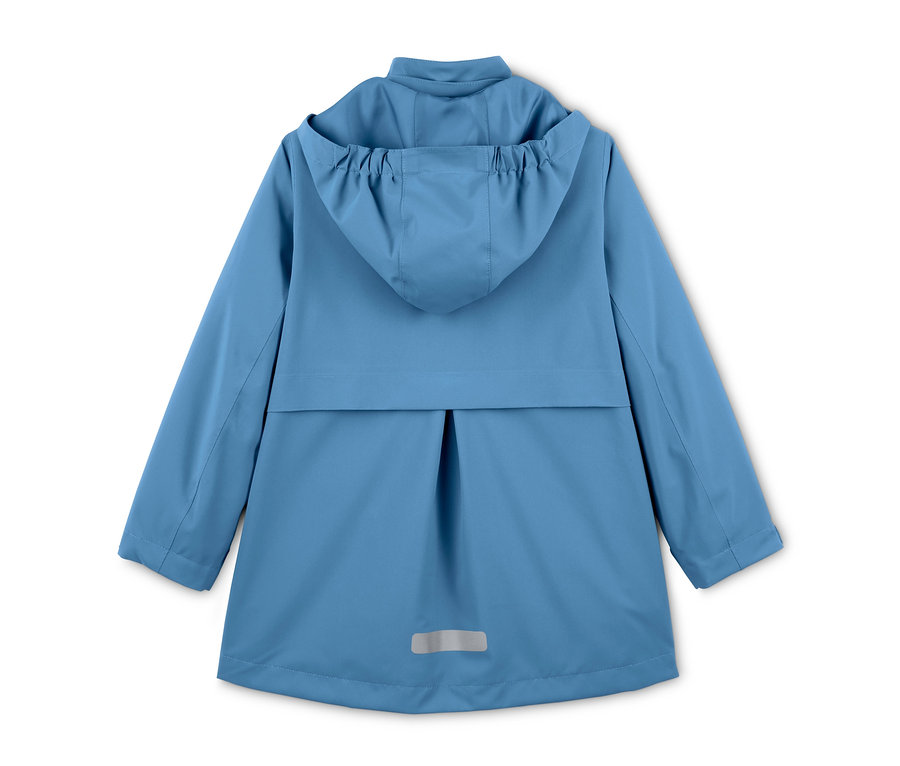 Blauer Allwetterparka aus recyceltem Material von hinten.