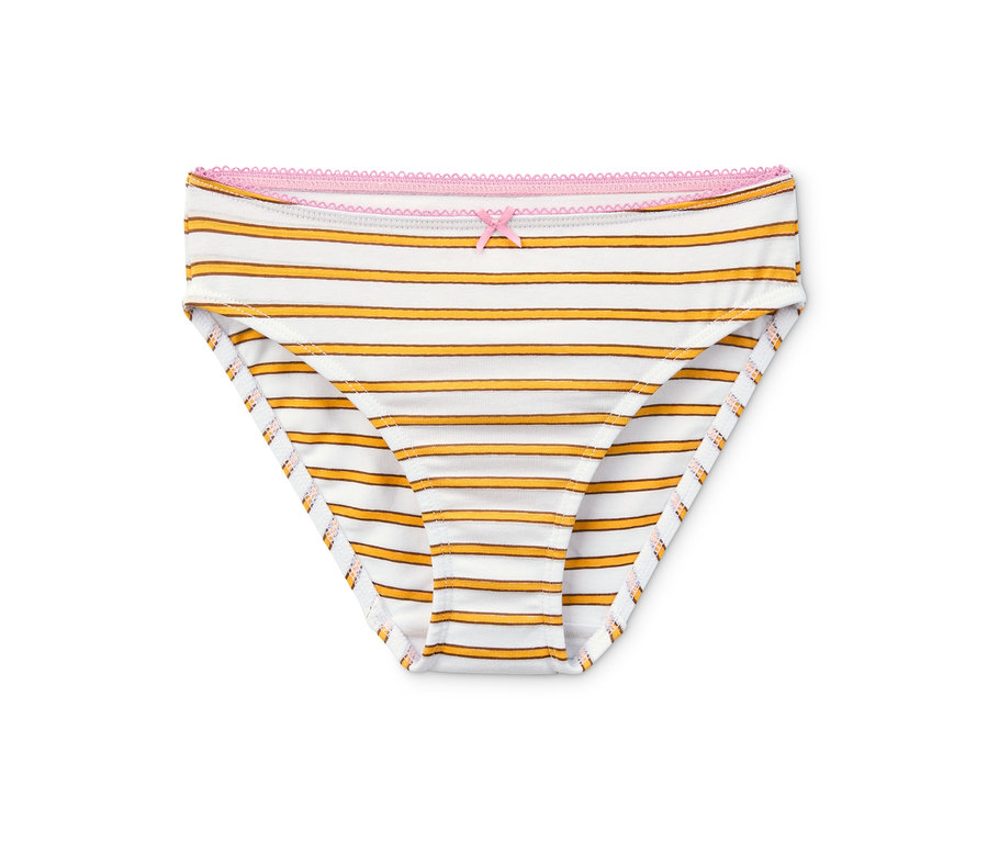 Einzelner Mädchen-Slip aus Bio-Baumwolle mit gelben Streifen.