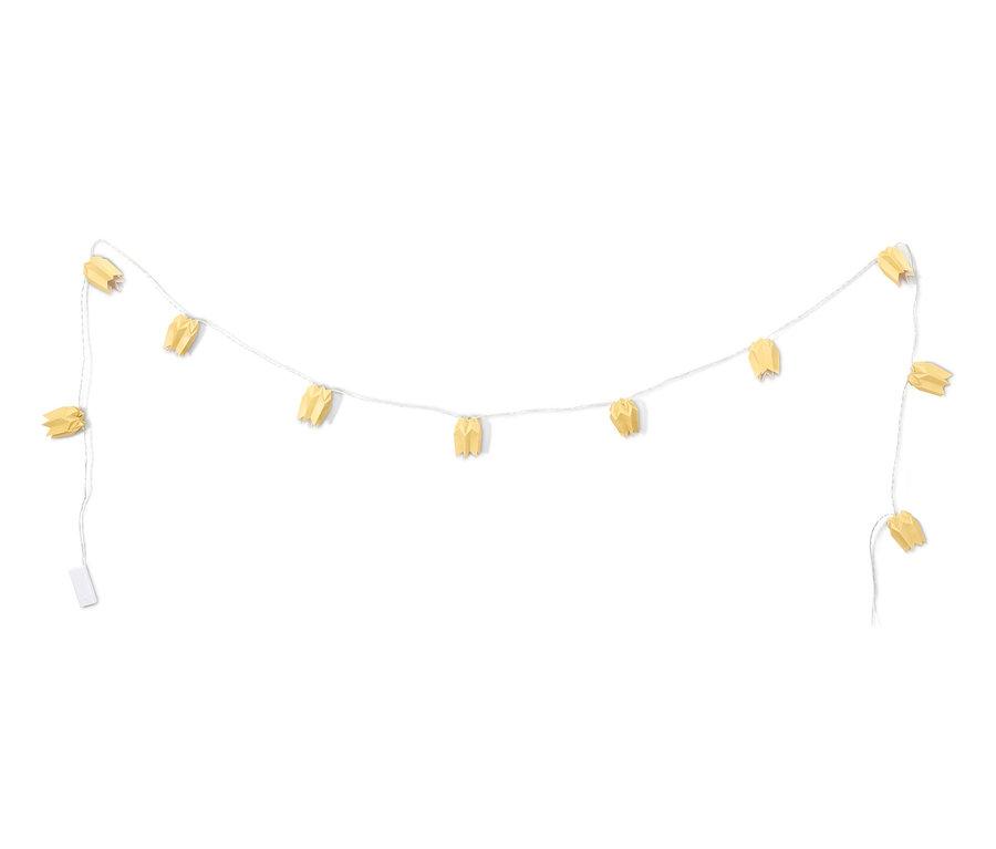 LED-Papier-Lichterkette mit zehn gelben, blütenförmigen Lichtern.