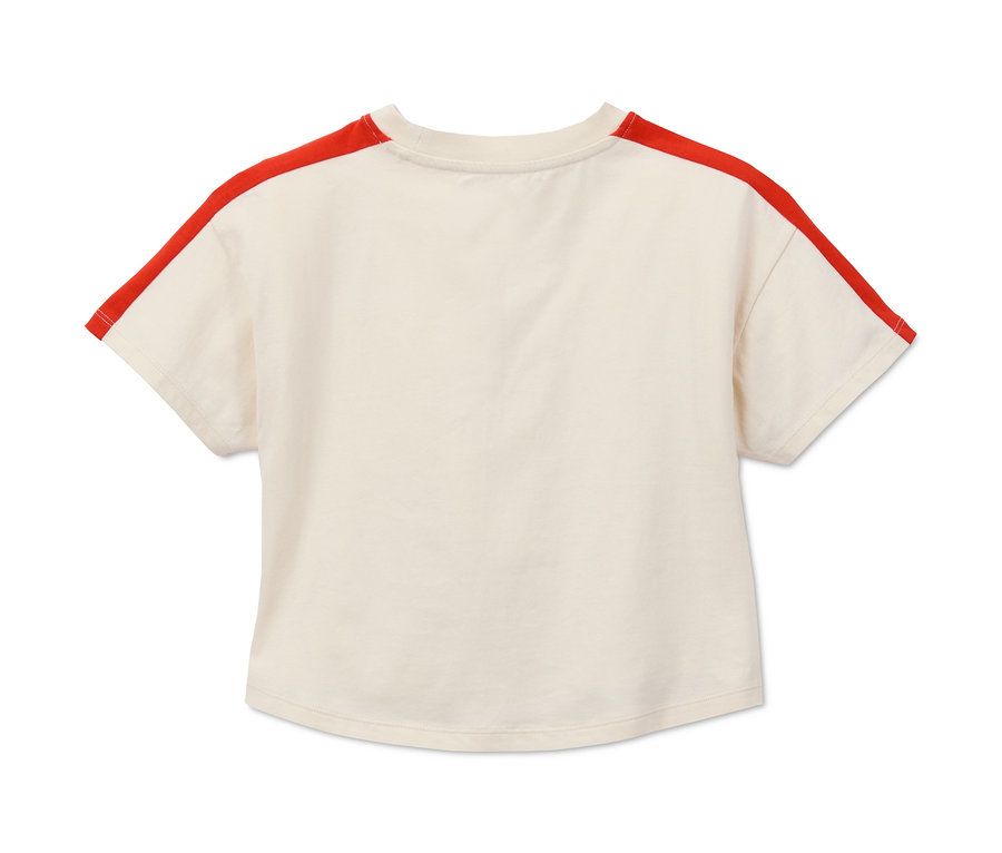 Beiges Cropped-T-Shirt mit kurzen Ärmeln und roten Streifen an den Schultern.