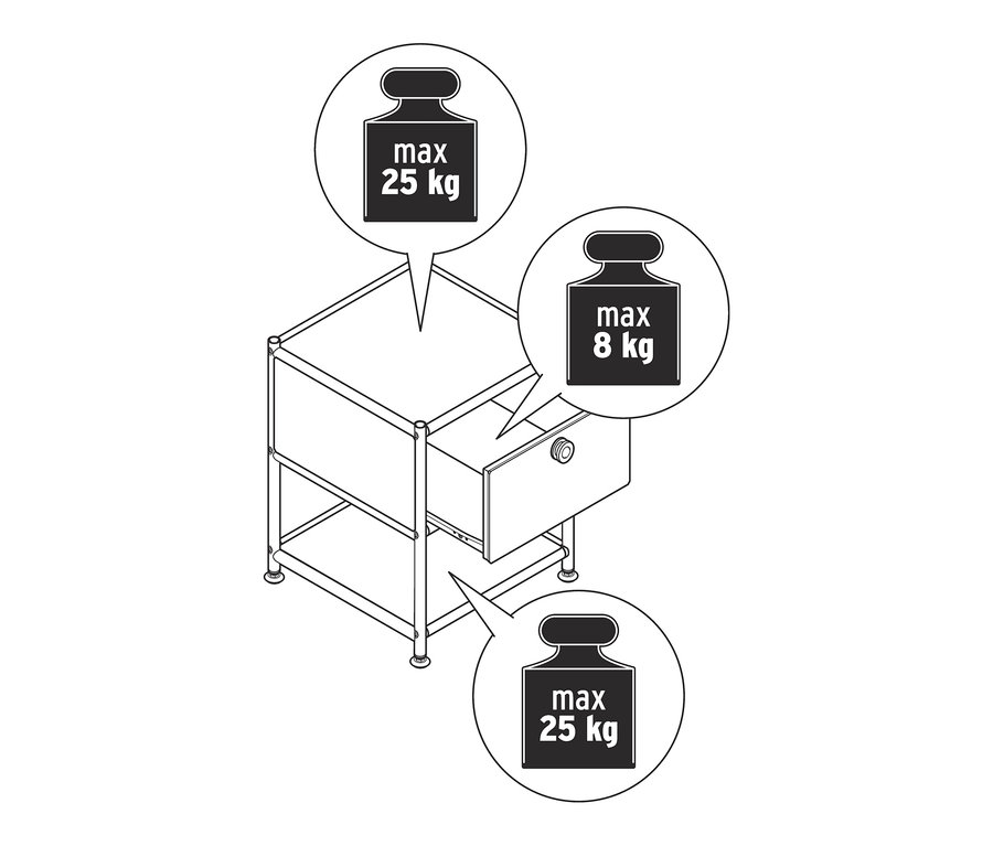 Eine Strichzeichnung eines taupefarbenen Beistelltischs mit Schublade Metall »CN3« mit Informationen zur maximalen Traglast.