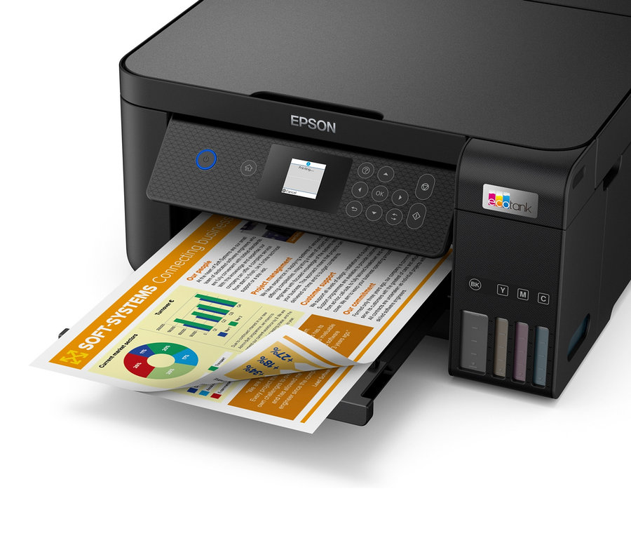 Schwarzer Epson EcoTank ET-2850 Multifunktionsdrucker druckt ein Dokument.