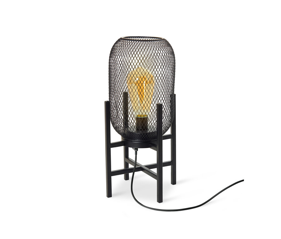 Eine schwarze LED-Outdoor-Tischleuchte auf weißem Hintergrund.