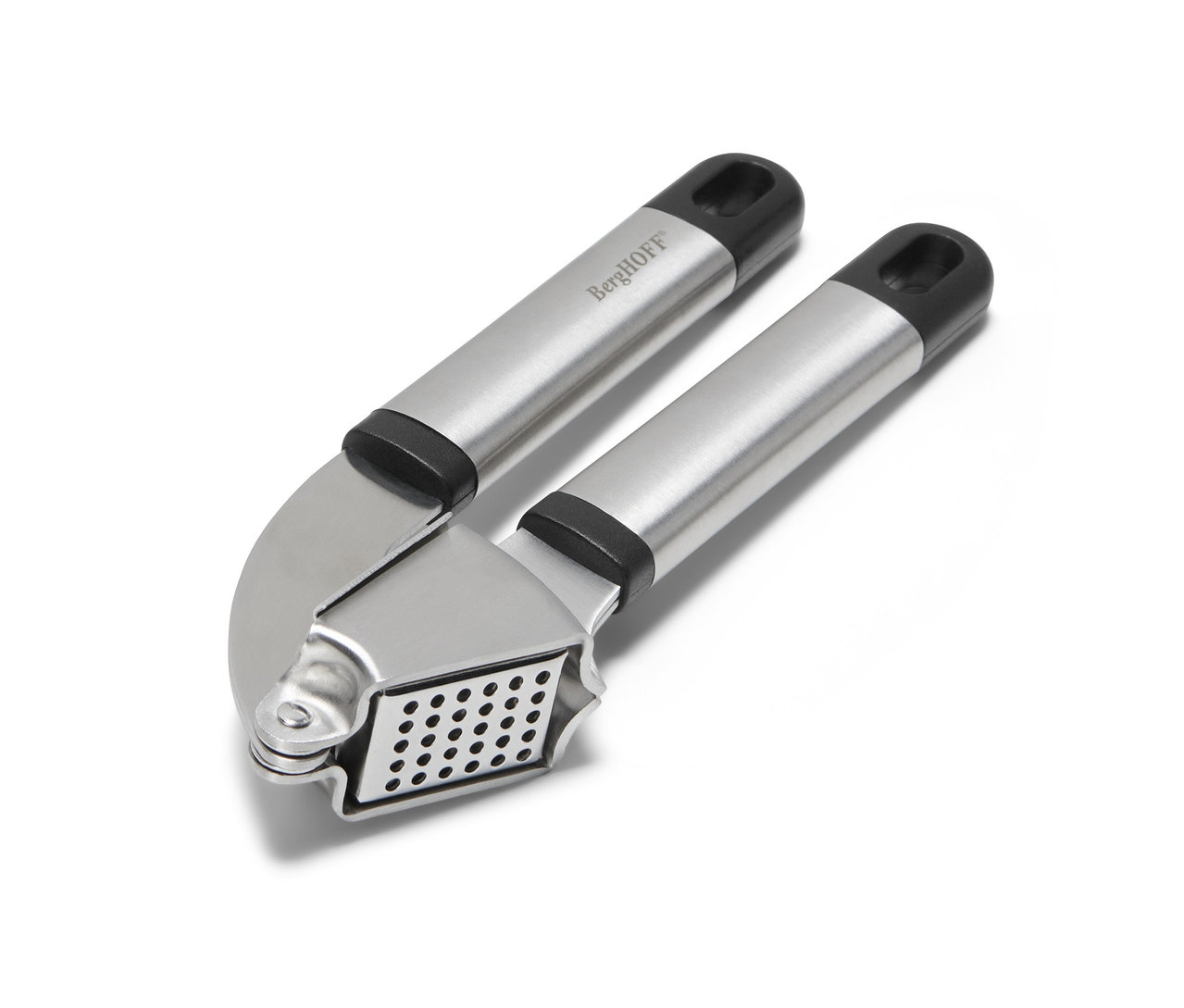 Nahaufnahme einer Knoblauchpresse aus Edelstahl.