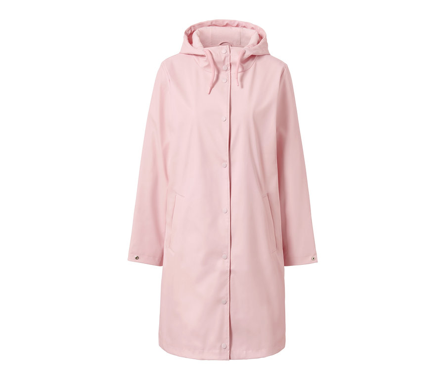 Rosa Regenparka mit Kapuze und Knopfverschluss.