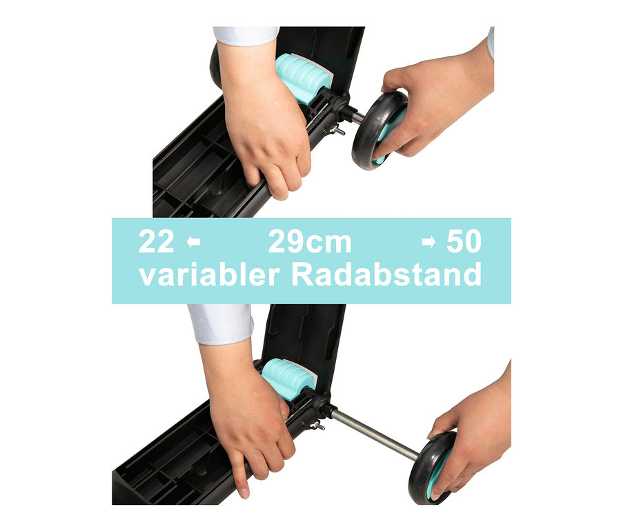 Hände verstellen den Radabstand an einem schwarzen LA Sports 3-in-1-Laufrad.