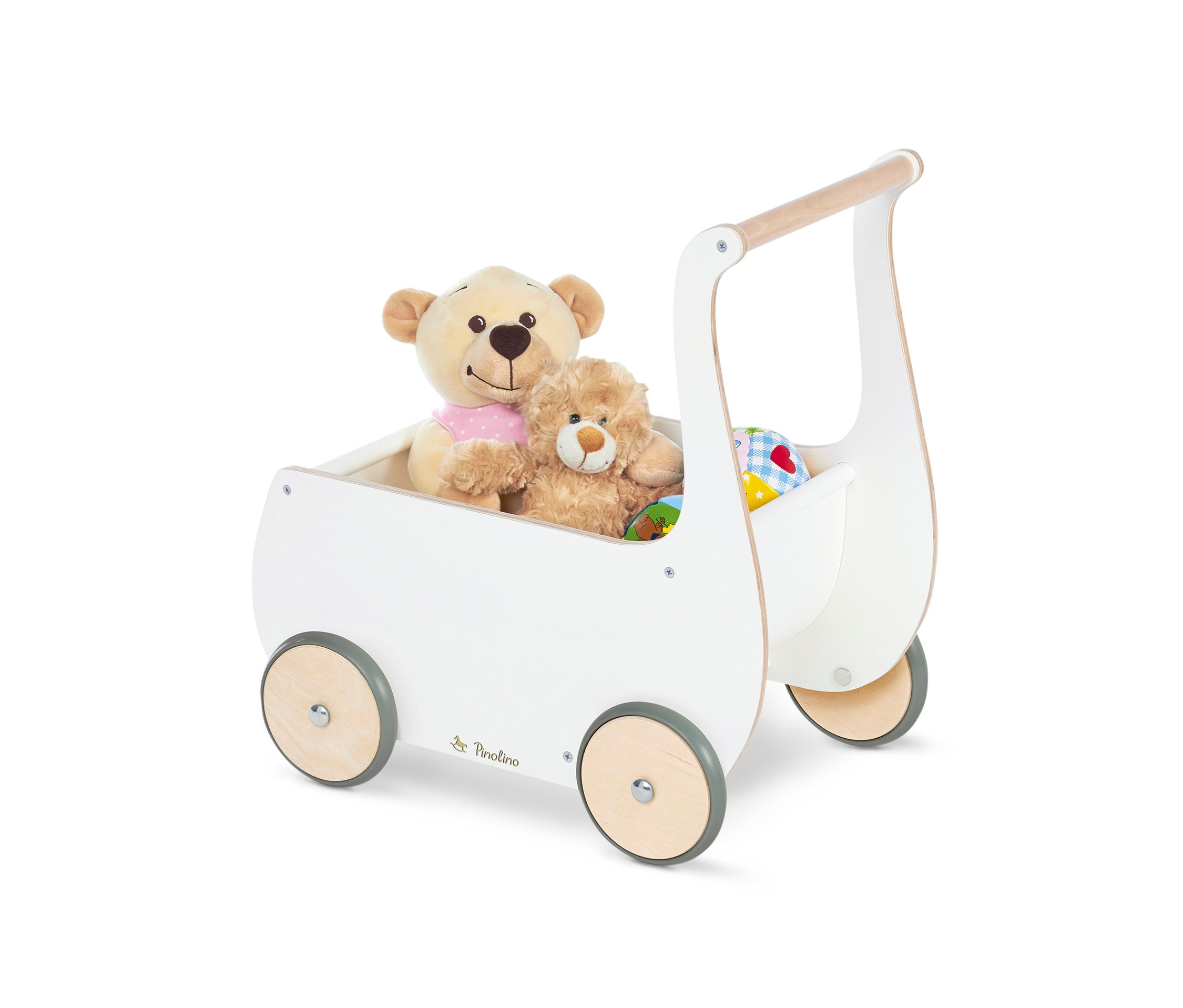 Teddybären sitzen im weißen Pinolino-Puppenwagen »Mette«.